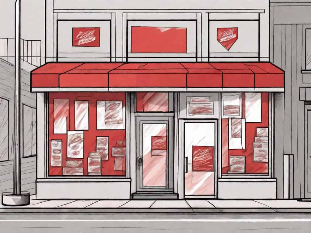 A comic book store with various red flags sticking out from it