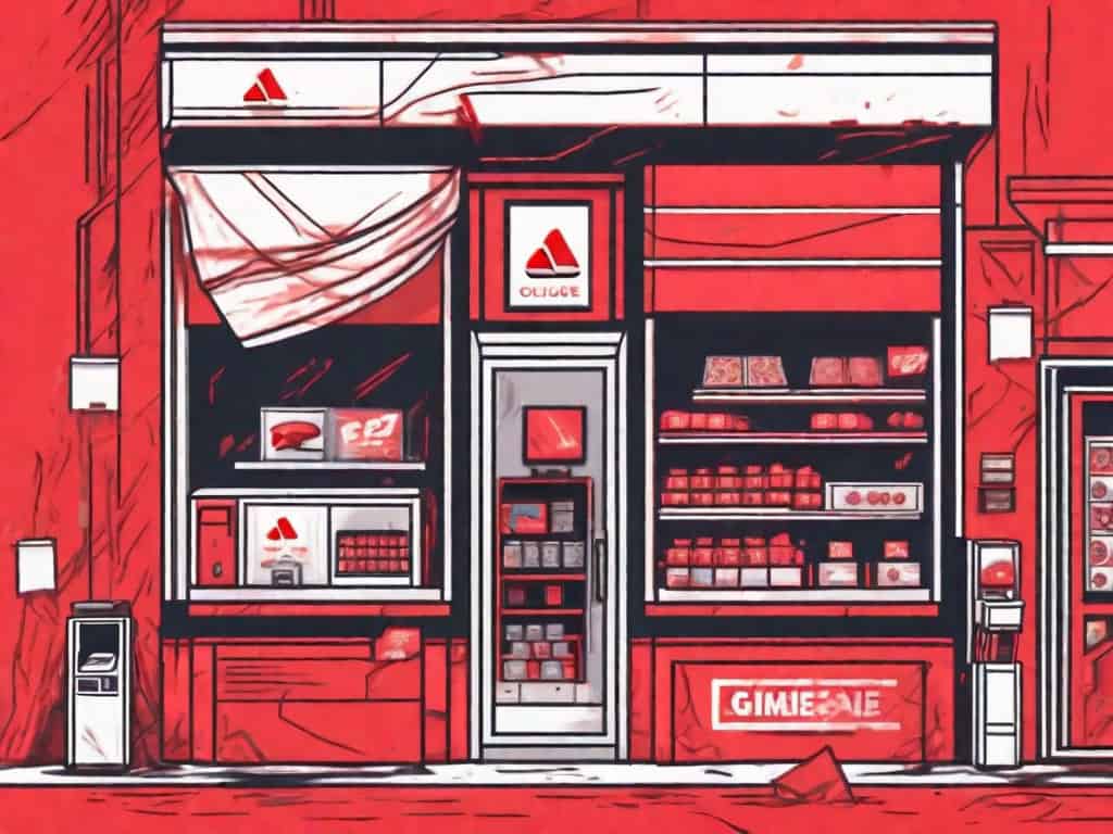 A videogame store with symbolic red flags waving above it