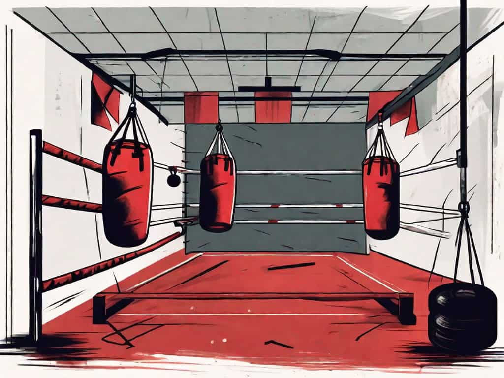 A boxing gym with various elements like a dilapidated boxing ring