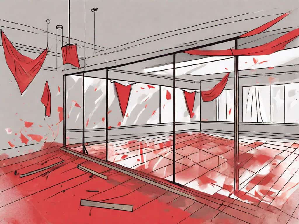A dance studio with symbolic red flags emerging from various elements such as a broken mirror
