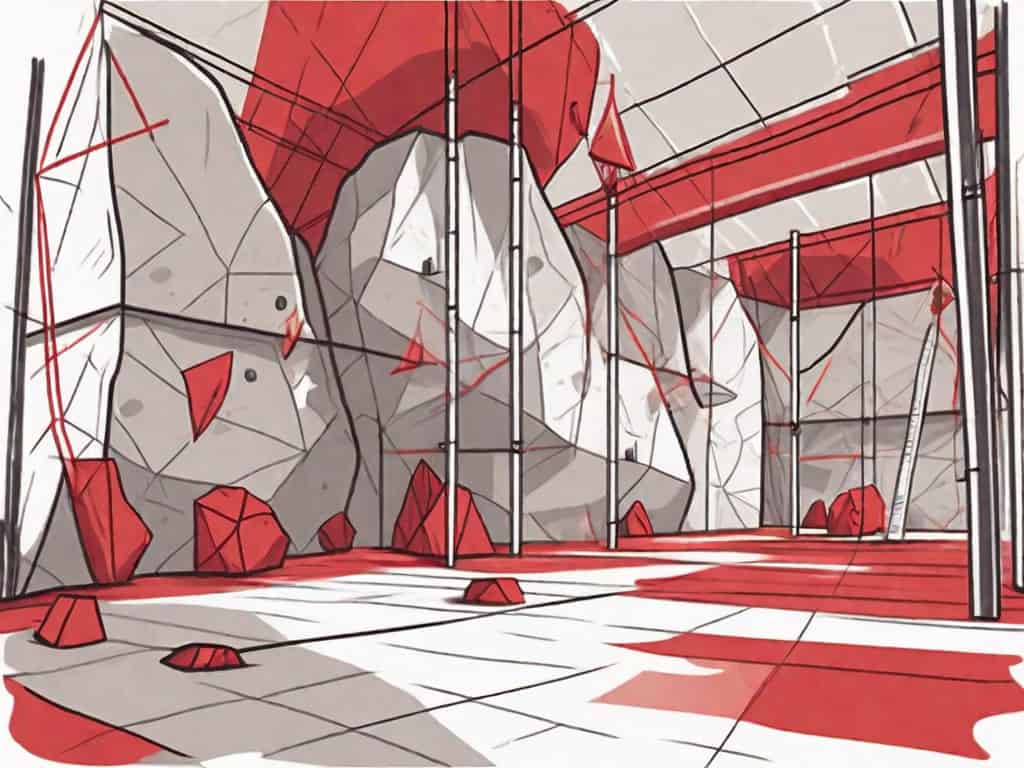 A rock climbing gym with various red flags attached to different elements such as the climbing walls