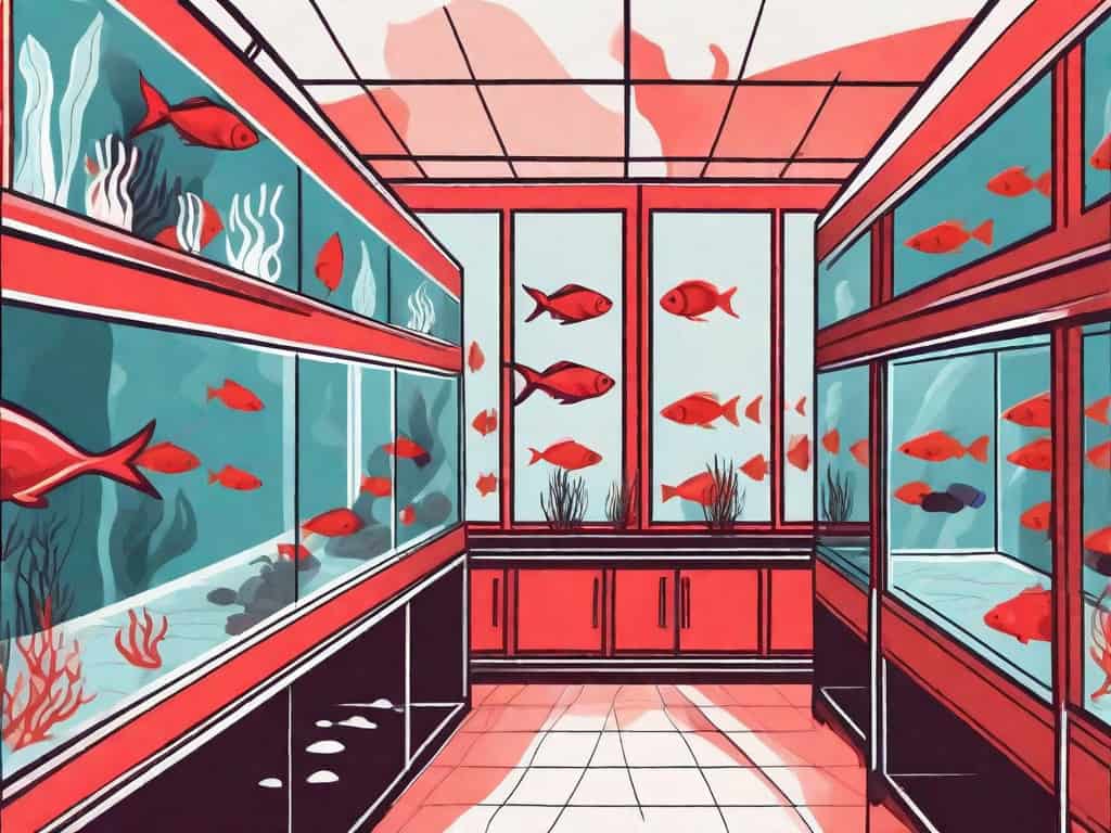 An aquarium shop with various red flags sticking out of it