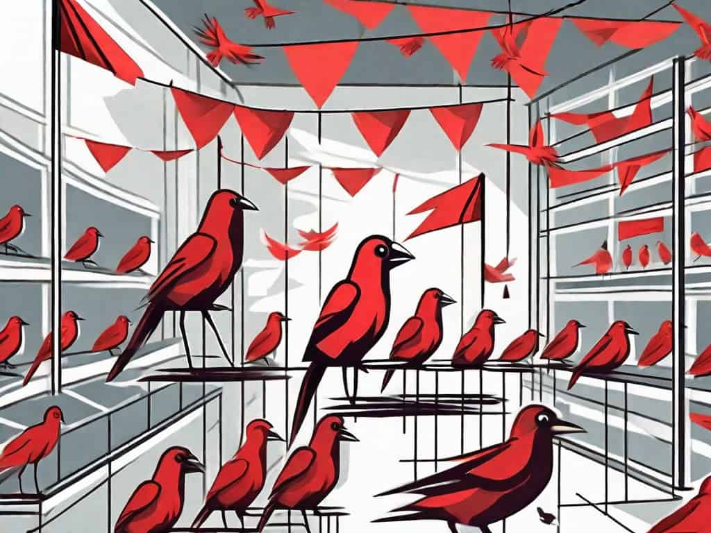 A bird store with various red flags sticking out from it
