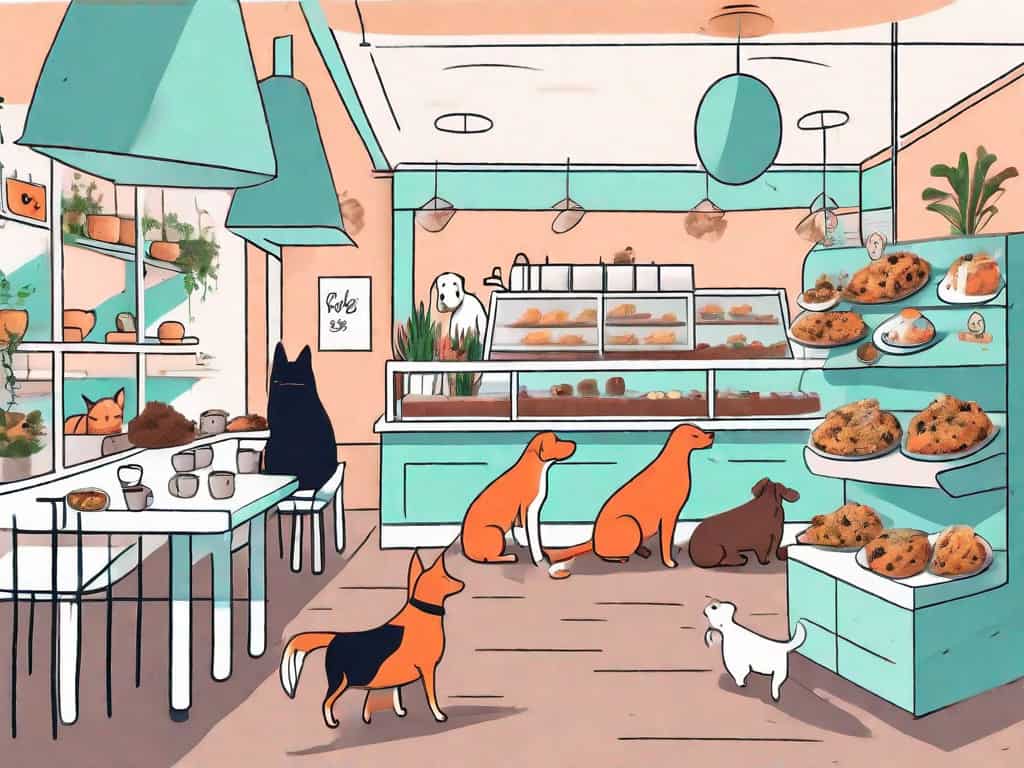 A vibrant pet cafe setting with various types of pets scattered around