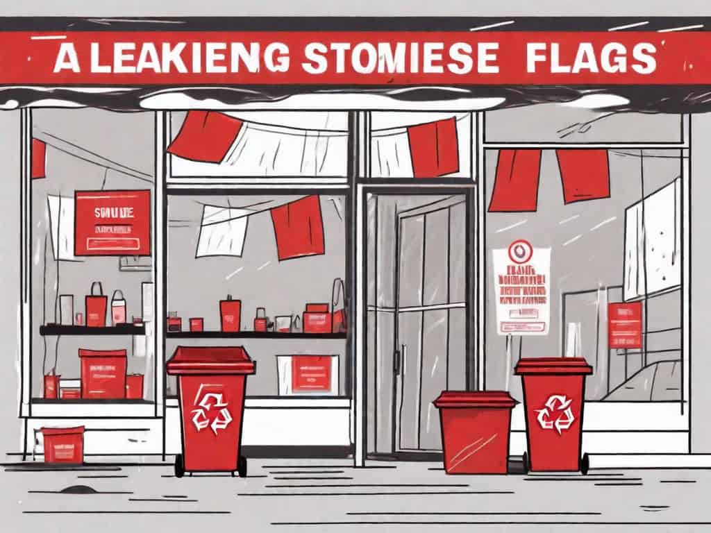 A stationery store with visible red flags sticking out from various problematic areas such as a leaking roof