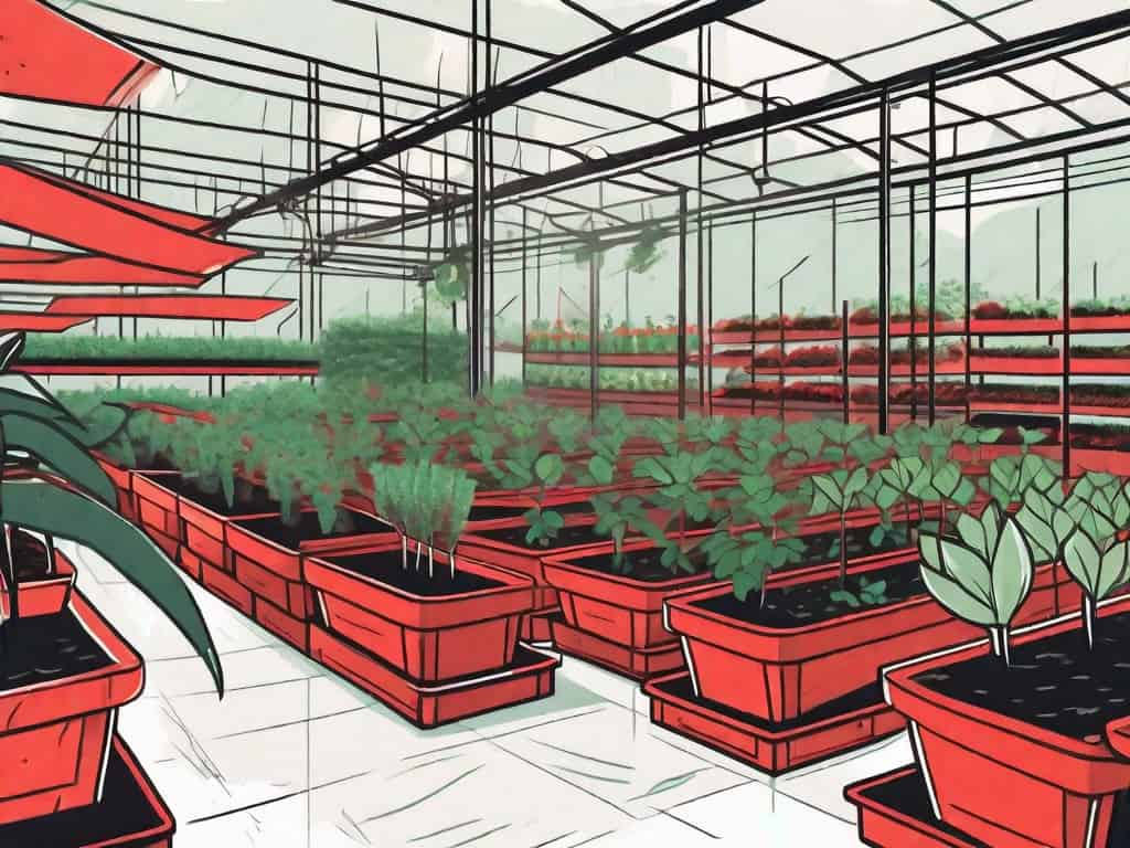 A plant nursery with several distinct areas