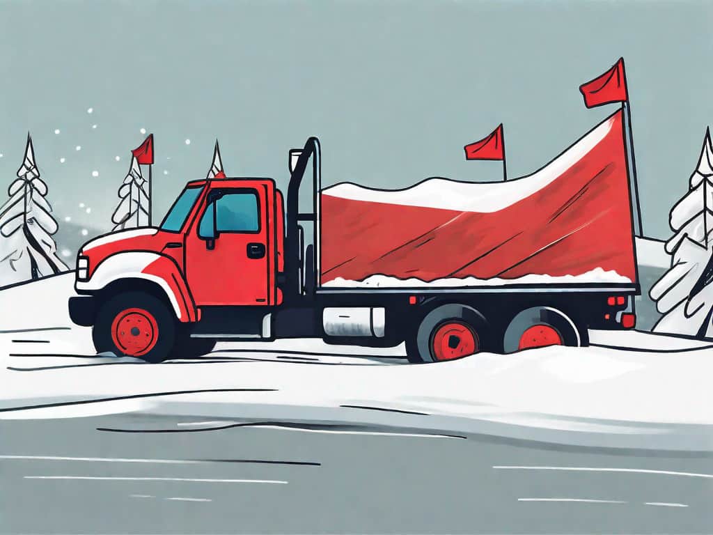 A snow removal truck with red flags attached to it