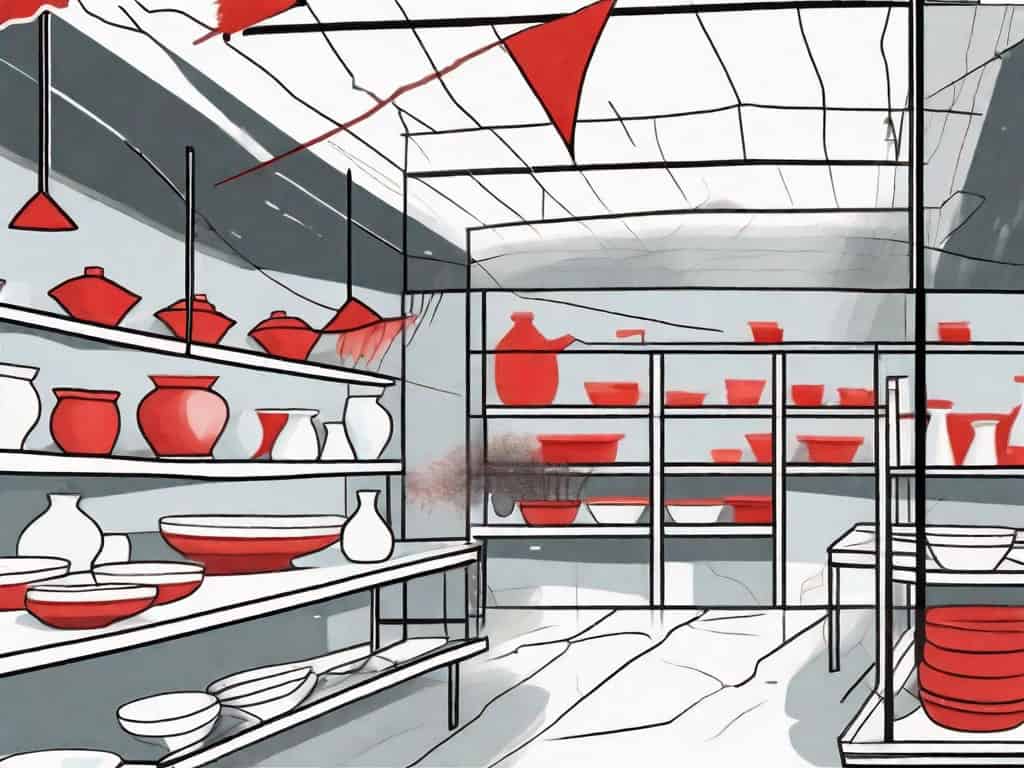 A ceramics store with a few red flags sticking out from various problematic areas such as a leaking roof
