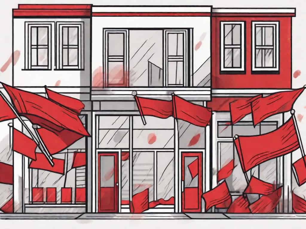An art shop with various red flags popping out from different parts of it