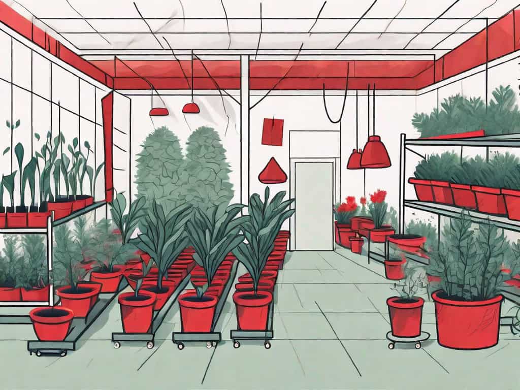 A gardening center with various red flags sticking out from some problematic areas like wilting plants