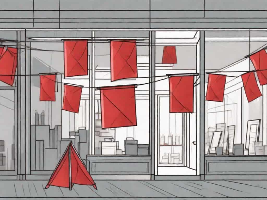 A frame shop with red flags hanging from it