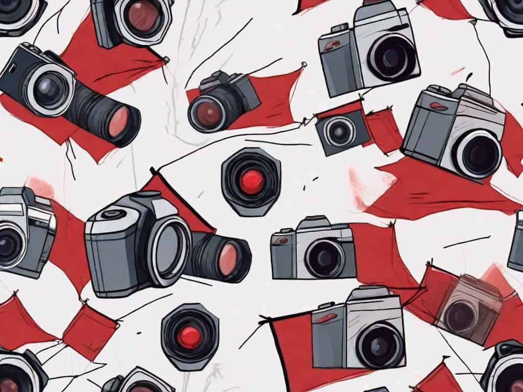 A photography studio with a few symbolic red flags placed on problematic areas like a broken camera