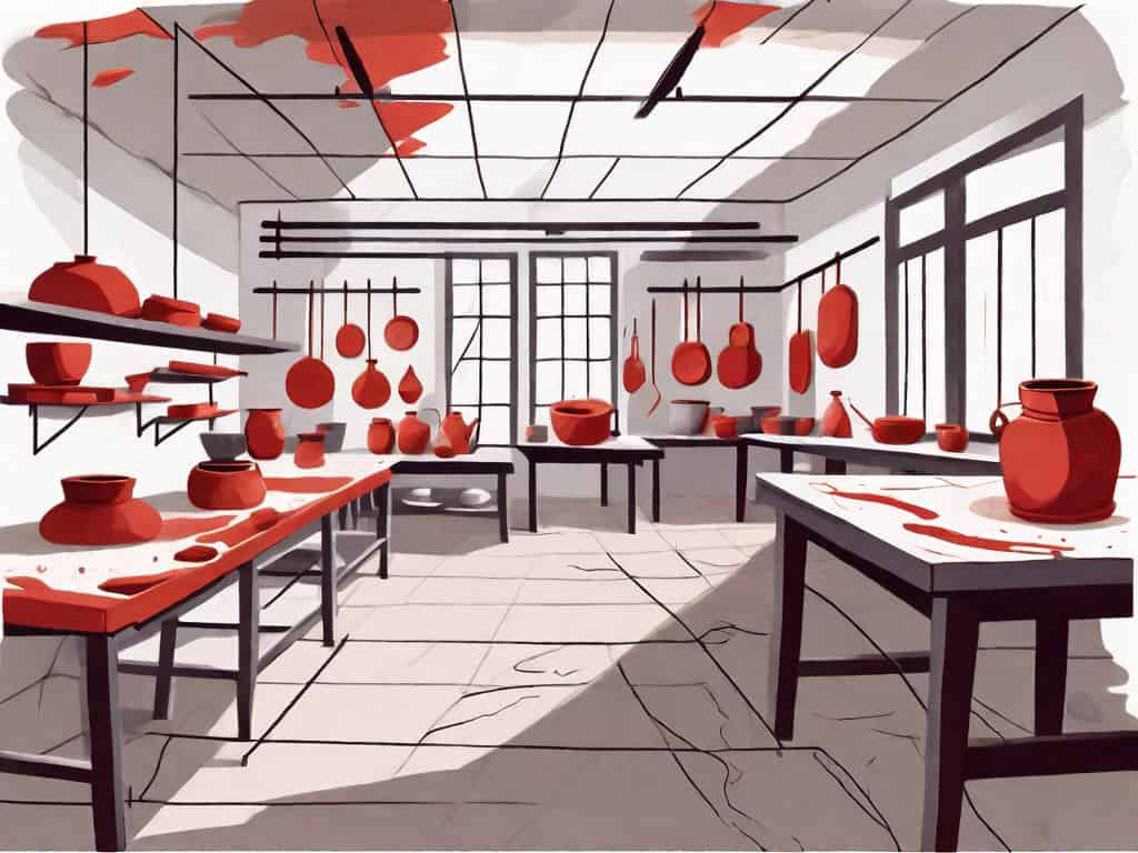 A pottery class studio with visible red flags such as a leaking roof