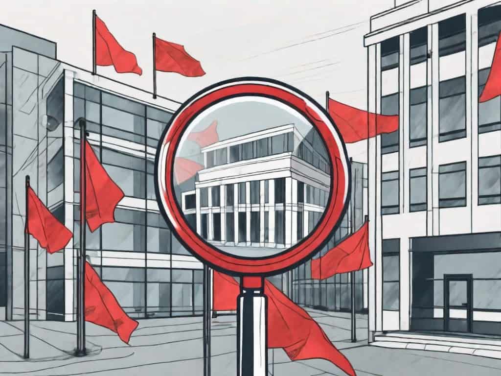 A magnifying glass examining a private investigator agency building with red flags fluttering around it