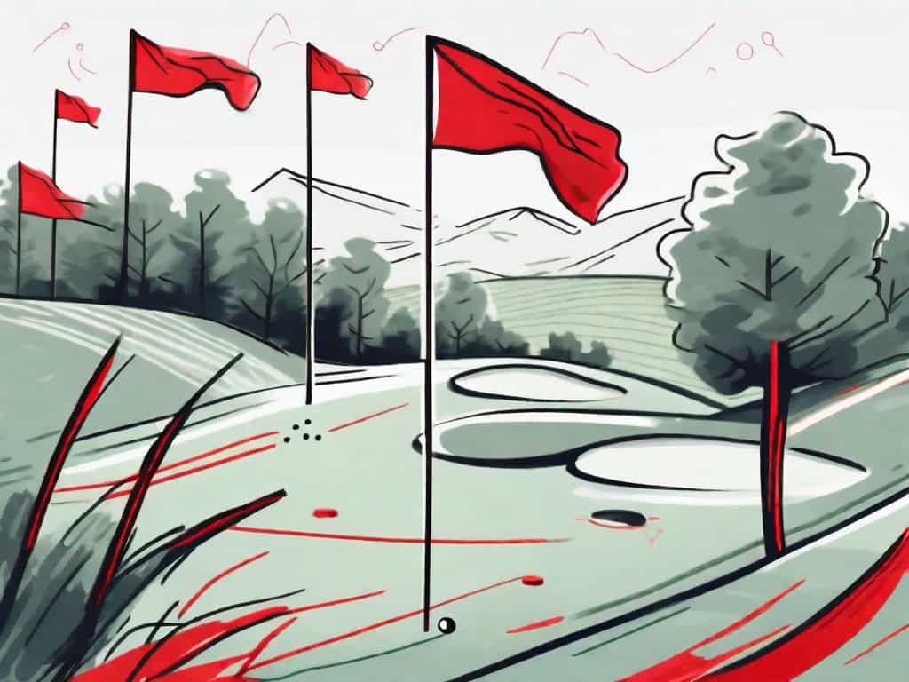 A pristine golf course with a few red flags scattered around