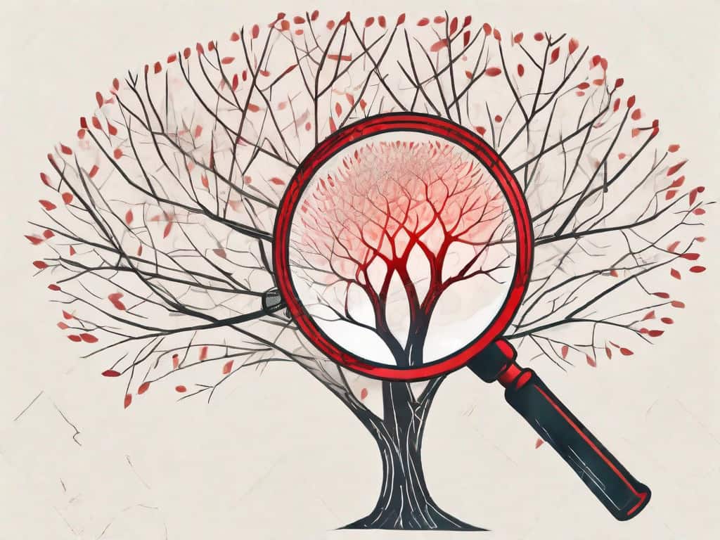A magnifying glass examining a family tree with some branches marked with red flags