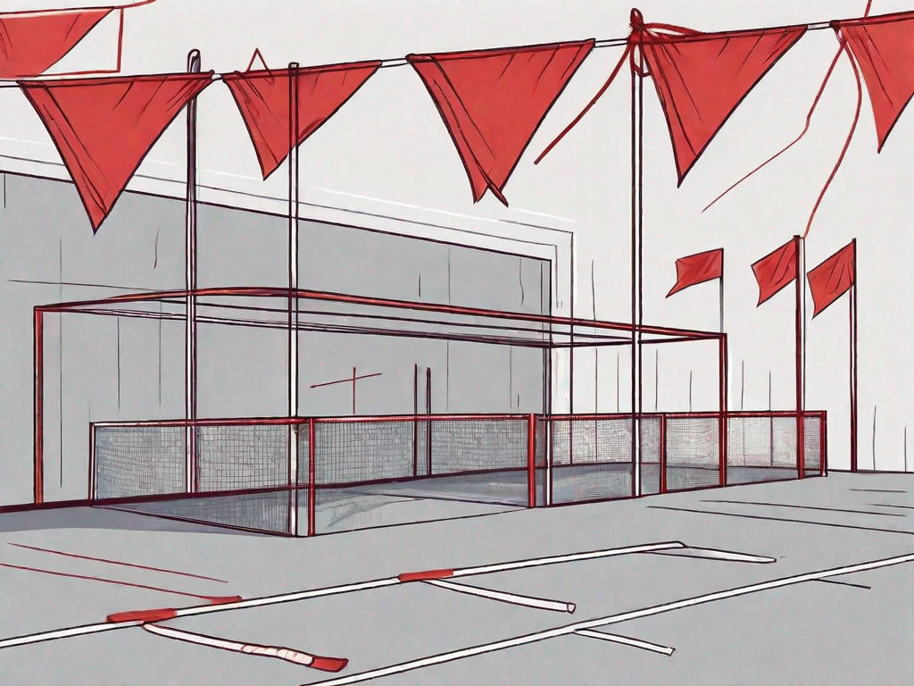 A sports training academy with symbolic red flags hanging over it