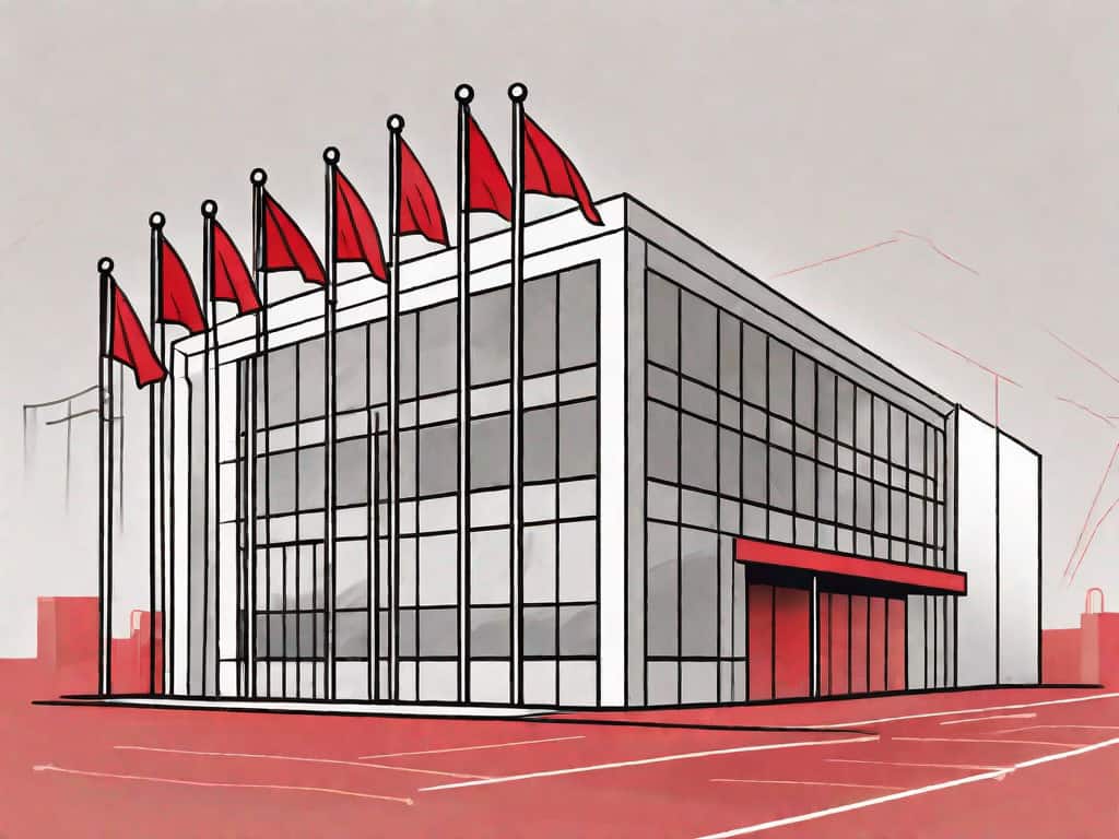 A sports agency building with various red flags sticking out from it