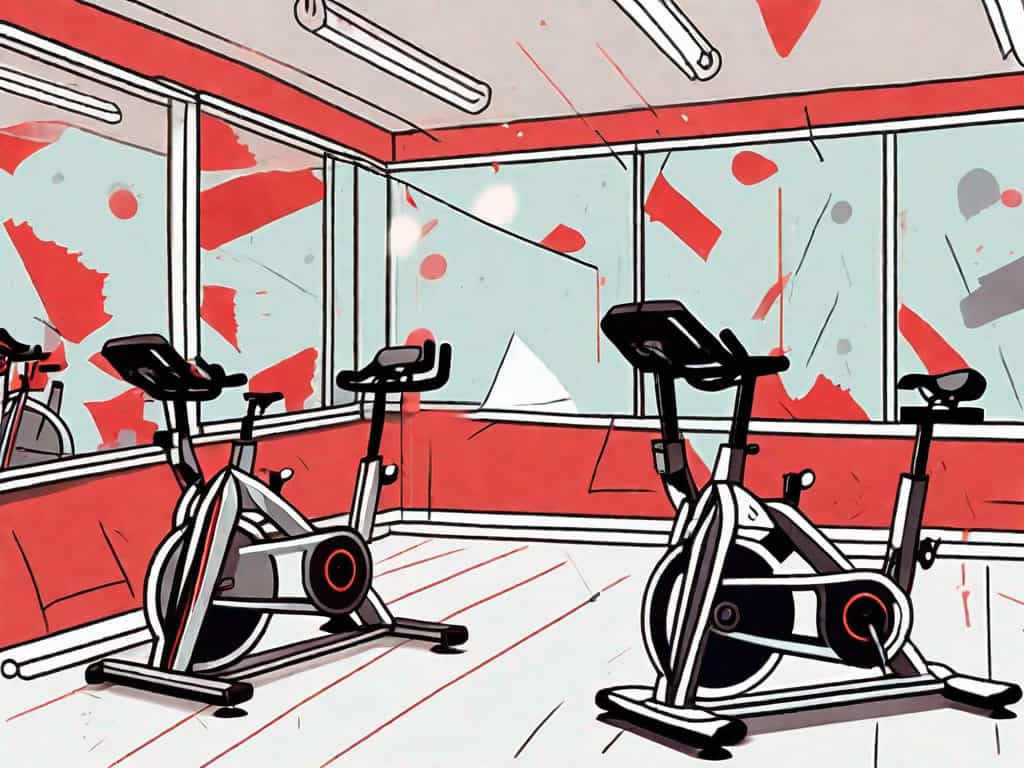 A vibrant spin studio with some subtle signs of disrepair such as a broken spin bike