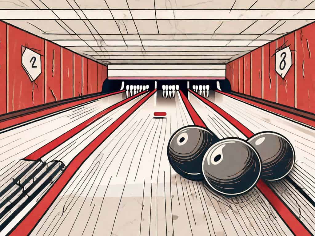 A bowling alley with a few highlighted elements such as broken down pins