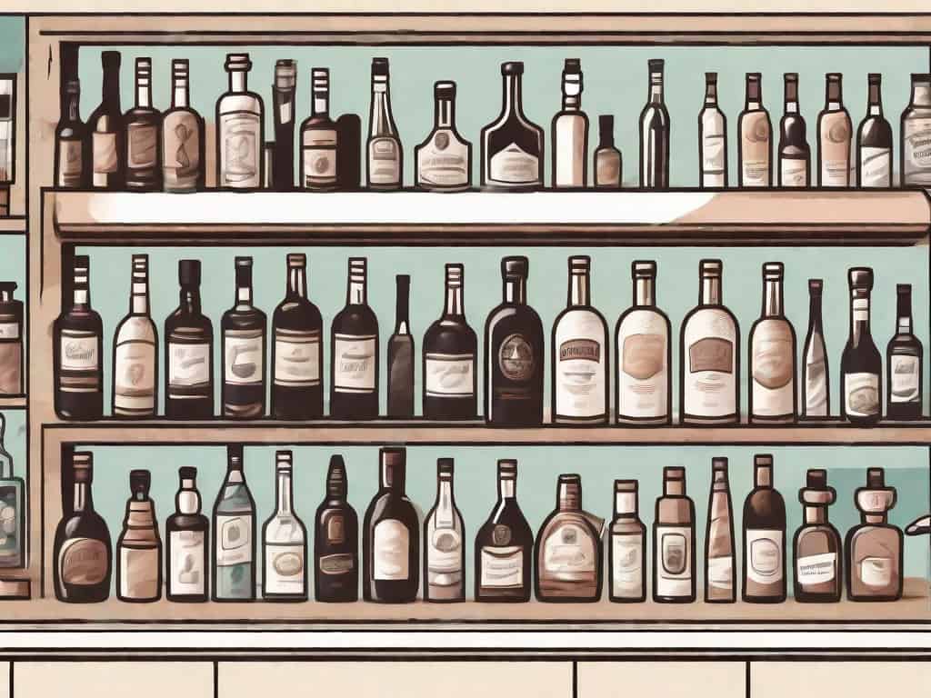 A liquor store with various types of alcohol bottles displayed prominently