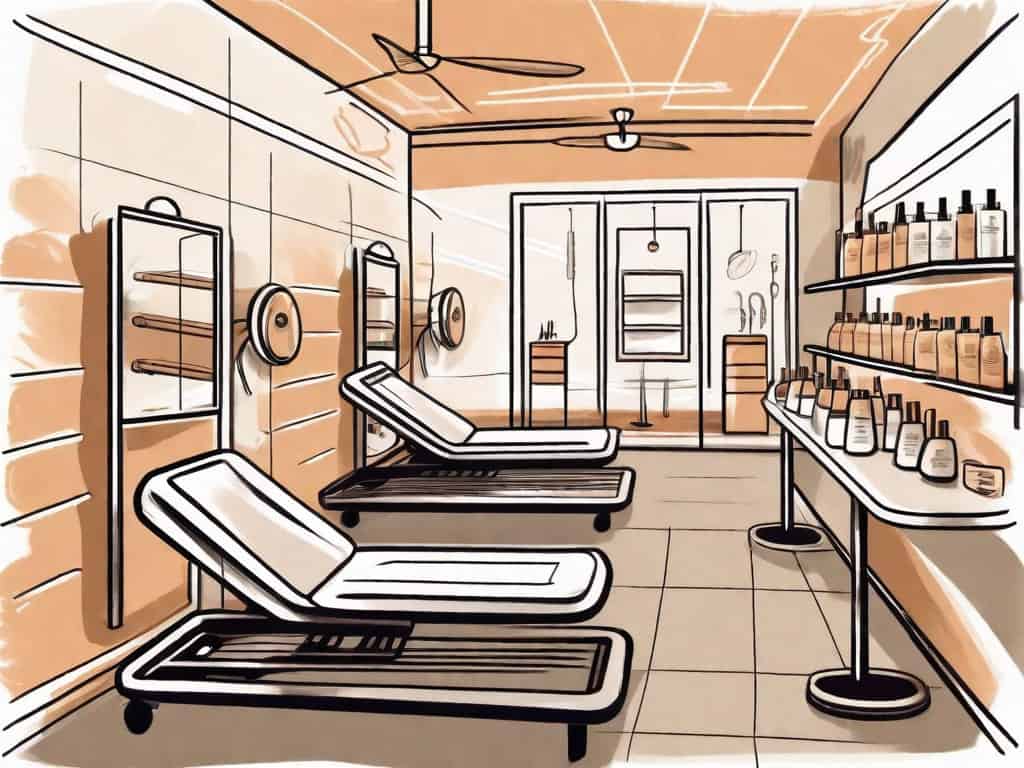 A tanning salon interior with various tanning equipment