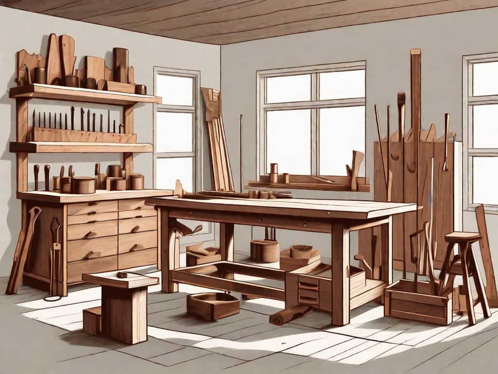 A carpentry workshop with various woodworking tools and furniture pieces