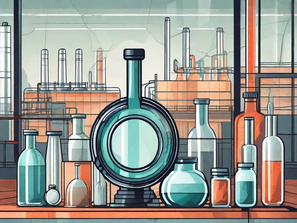 A magnifying glass focusing on a modern glass factory with various glass products like windows