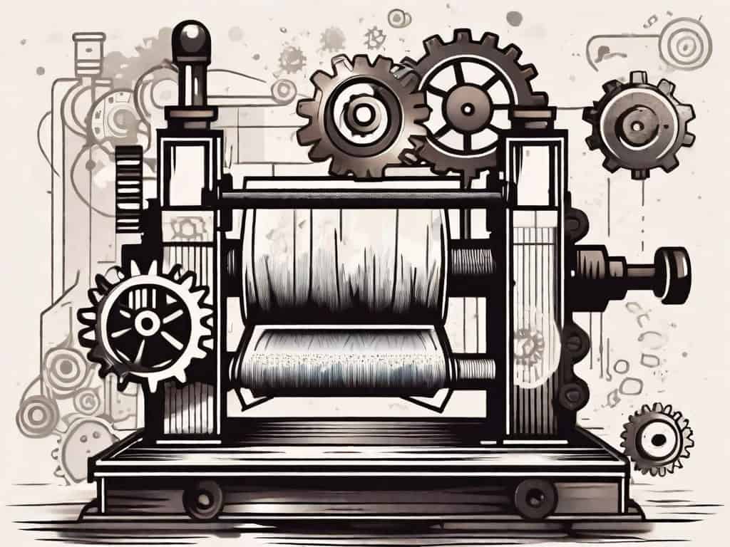 A printing press with different elements like paper