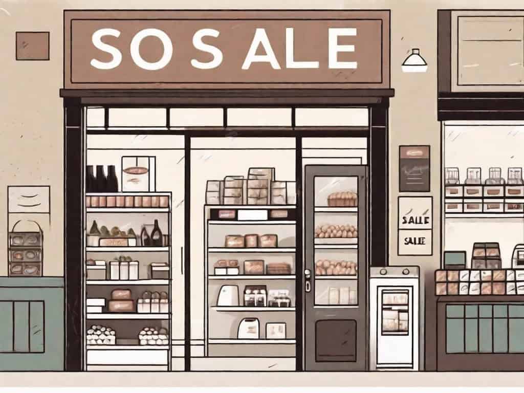 A retail store with various trade-related elements such as a cash register