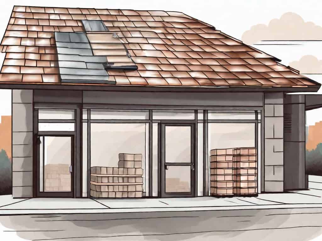 A roofing business storefront with various roofing materials like shingles