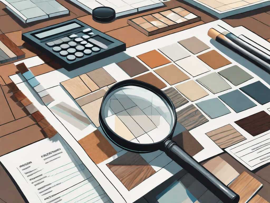 A magnifying glass focusing on a variety of flooring samples