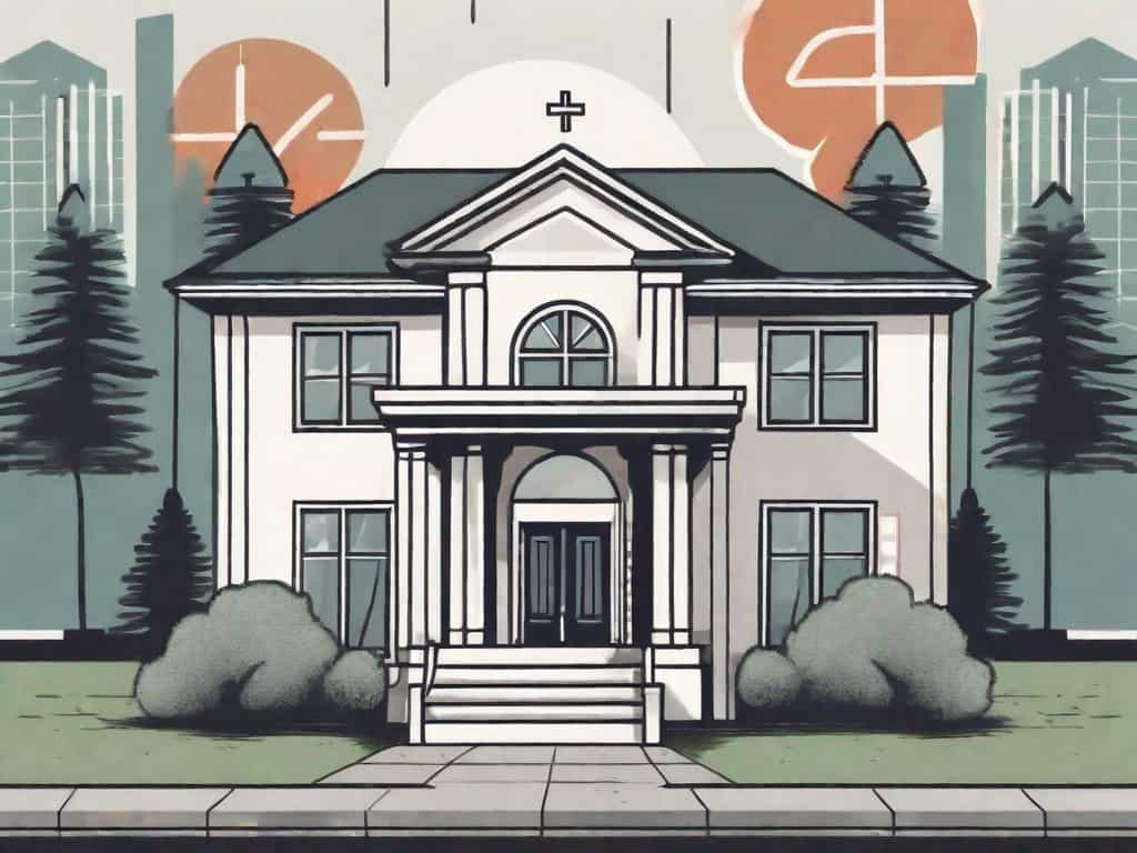 A well-maintained funeral home with a "for sale" sign in the front yard