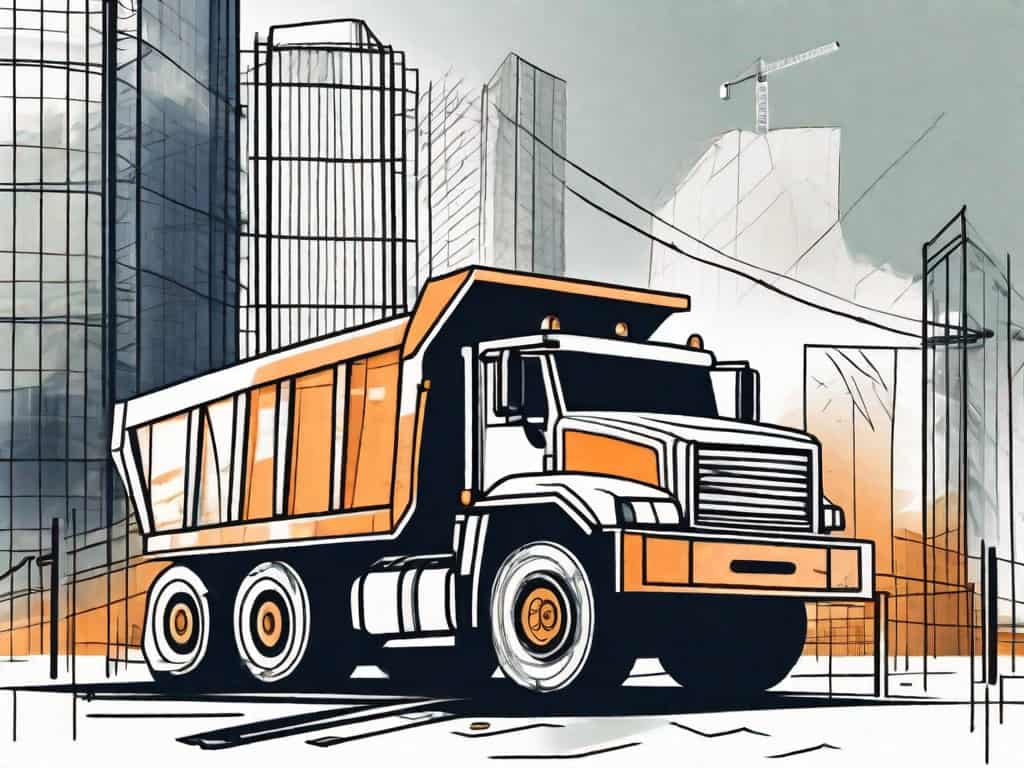 A dump truck against the backdrop of a business landscape