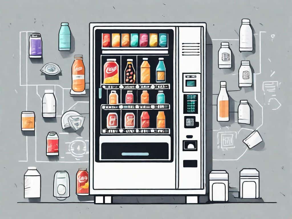 A vending machine surrounded by symbols representing financial investment
