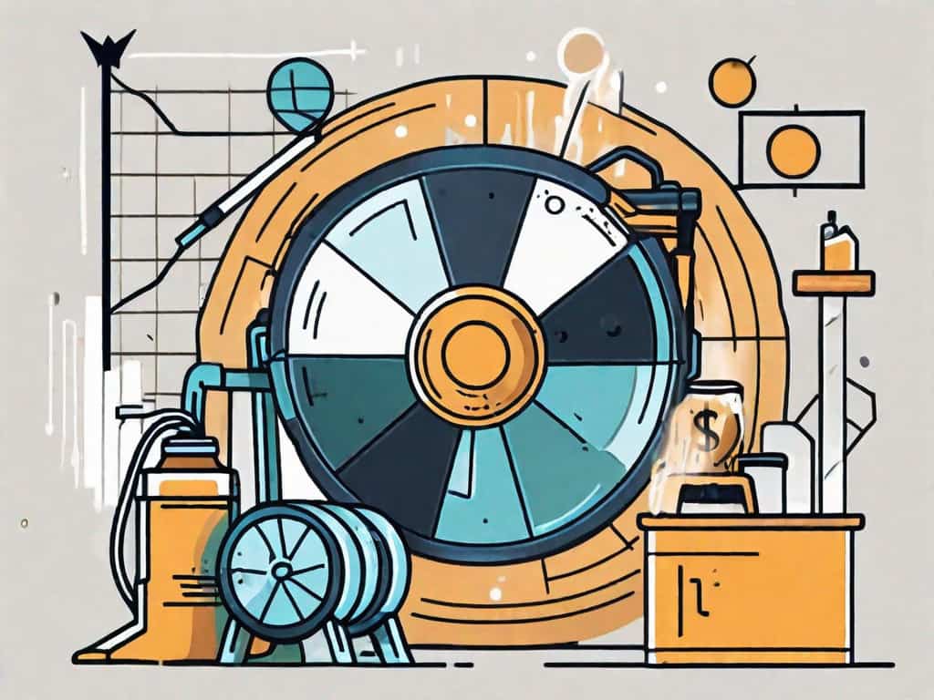 A pressure washing equipment surrounded by symbols of finance and strategy