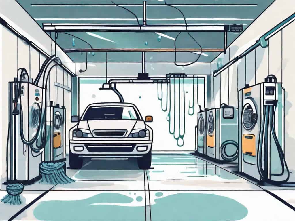 A car wash facility with various elements like car wash equipment