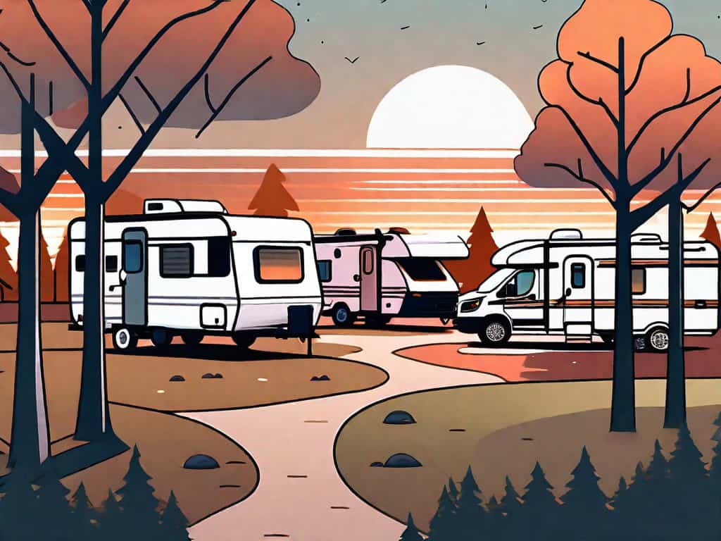 A scenic rv park with different types of rvs parked