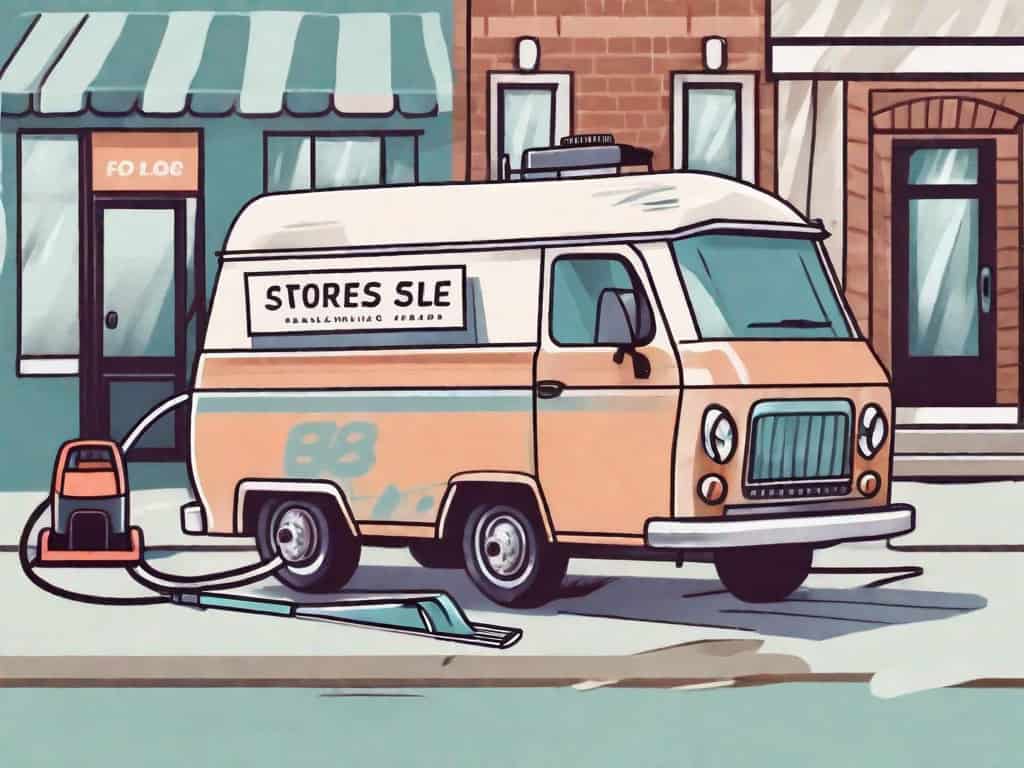 A carpet cleaning van with various carpet cleaning tools and a storefront with a "for sale" sign