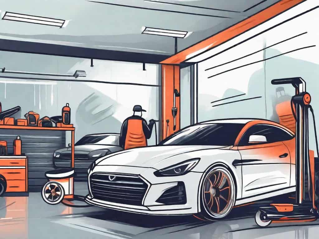 A car detailing shop with various car detailing tools and equipment