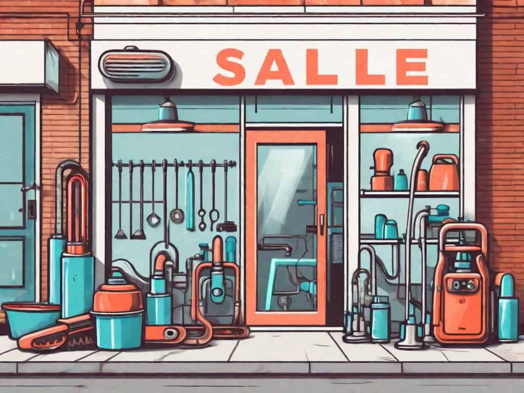 A plumbing storefront with a large "for sale" sign hanging on it
