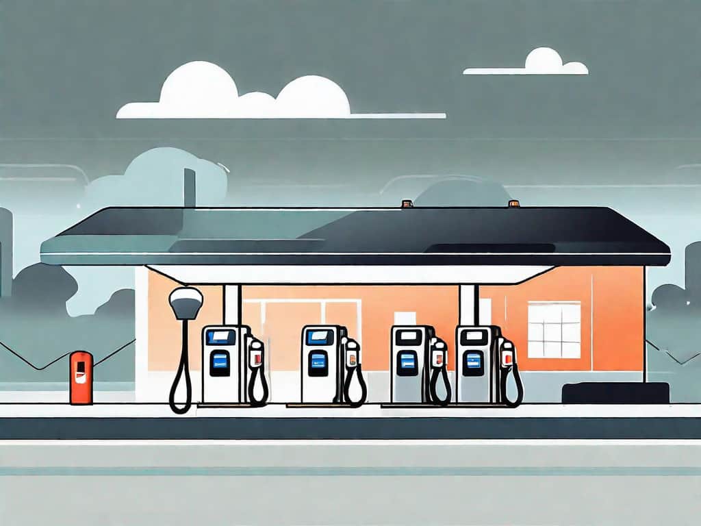 A gas station with various elements like fuel pumps