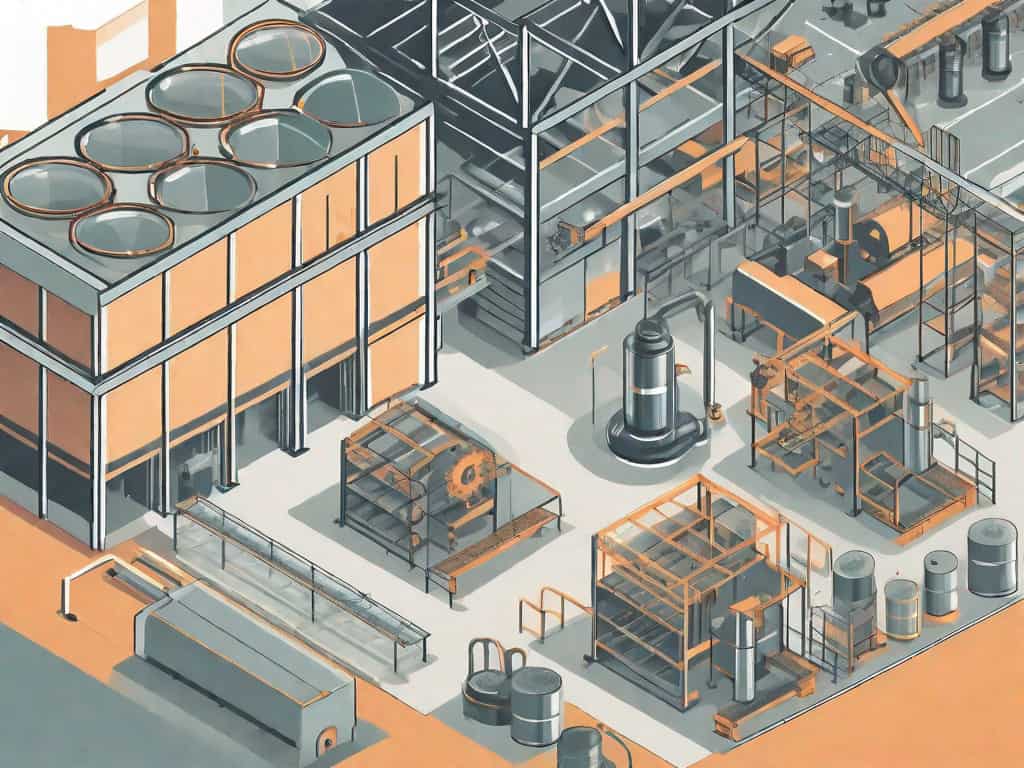A manufacturing plant with a magnifying glass hovering over it