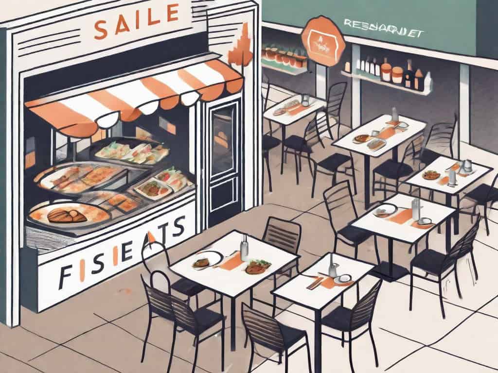 A restaurant with a 'for sale' sign