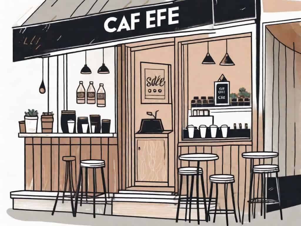A cozy café exterior with visible elements like outdoor seating