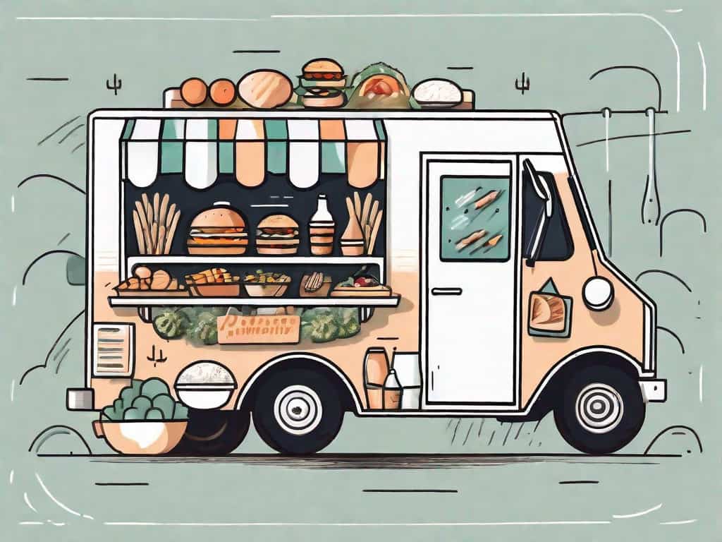 A food truck with various food symbols around it