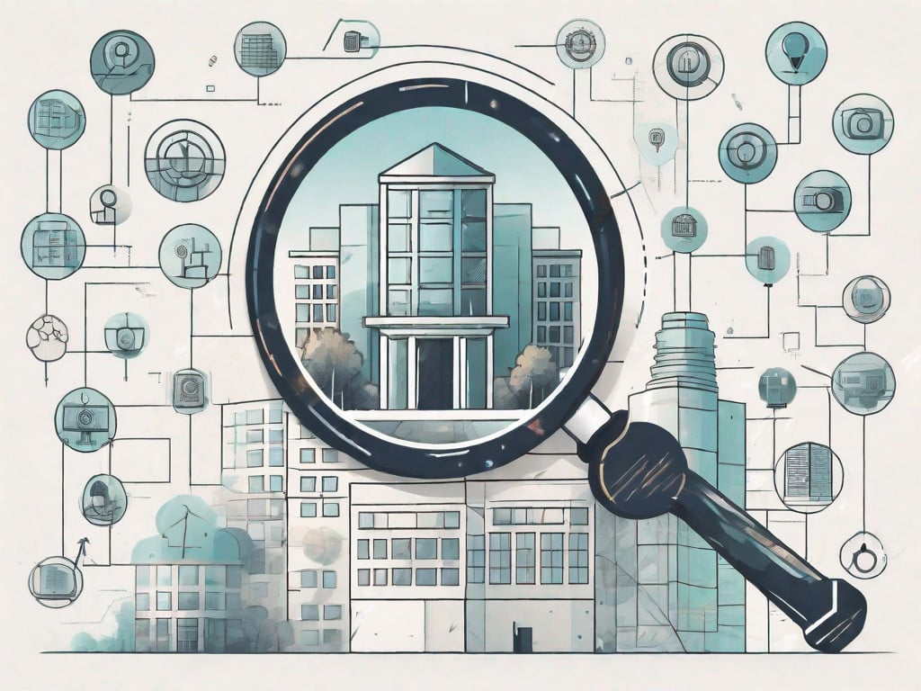 A magnifying glass focused on a data collection company symbolized by a building made of ones and zeros