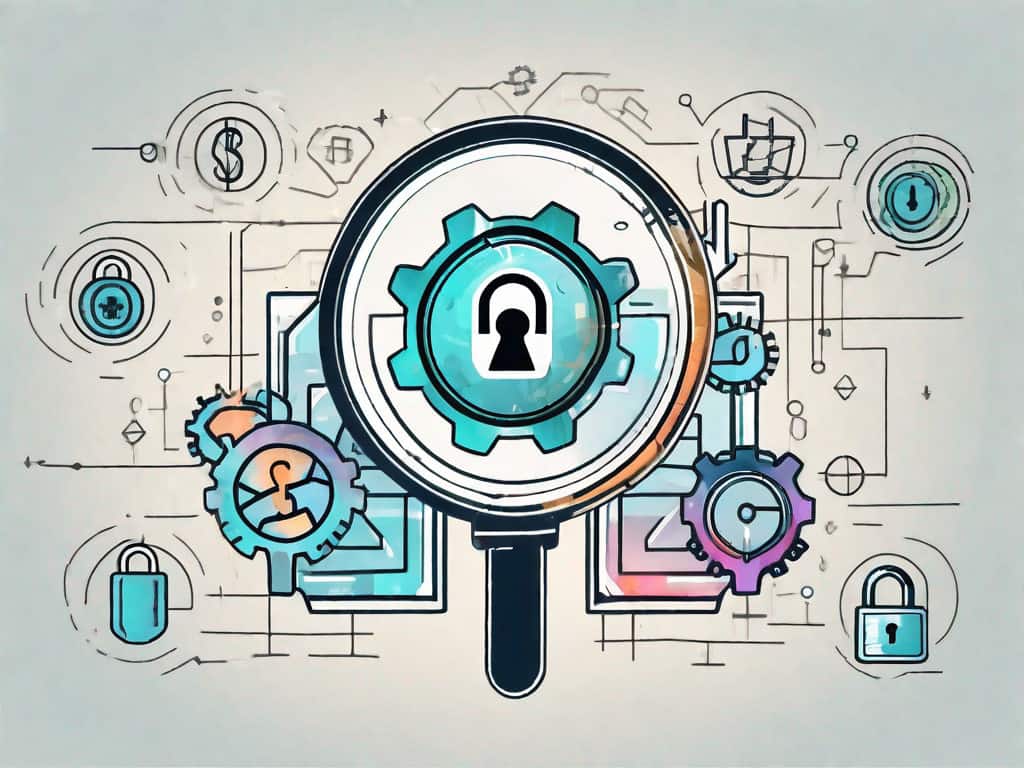 A magnifying glass scrutinizing a digital lock symbol