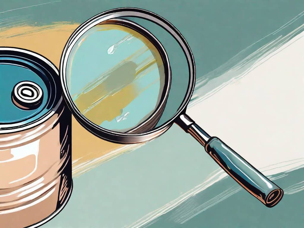 A magnifying glass examining a can of oil paint and a protective coating
