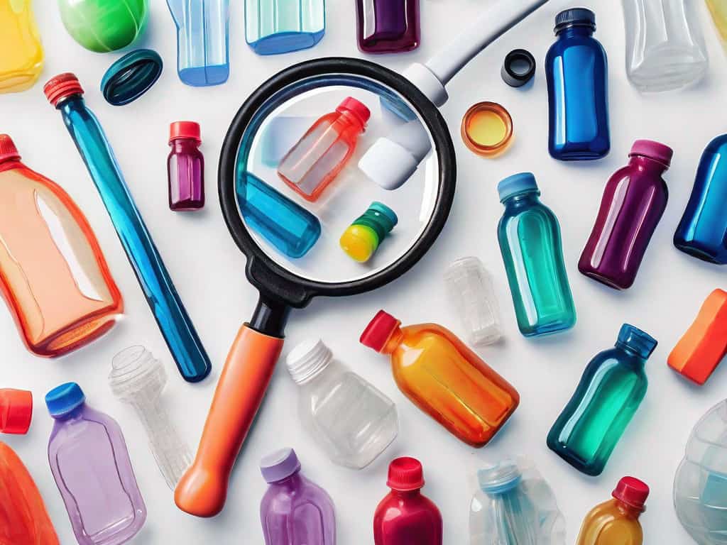 A magnifying glass examining various types of colorful plastic and resin products